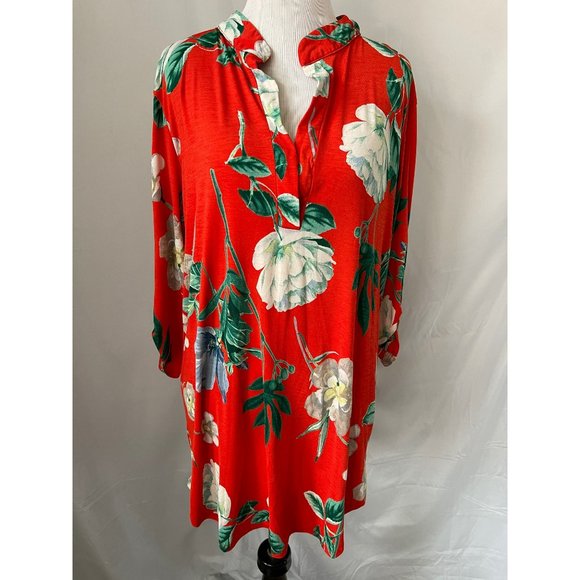 E'lopes Tops - E'loges Collared Peek-a-boo V-Neck Floral Stretchy Short Sleeve Dress/Long Shirt